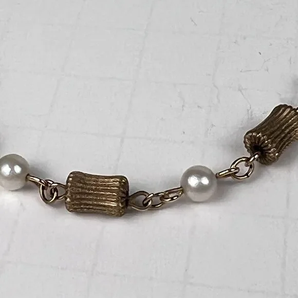 Vintage 7" 20-12K Gold GF 5 Cultured Pearls Gold Ribbed Tubes Bracelet - Picture 4 of 6